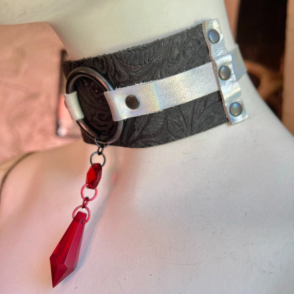 Iridescent Silver Black Floral Leather O-ring Collar Red Crystal like Dolls Kill